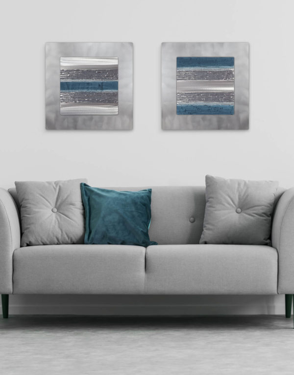 Echo Teal and Grey Set Silver Wall Art, Contemporary Art UK