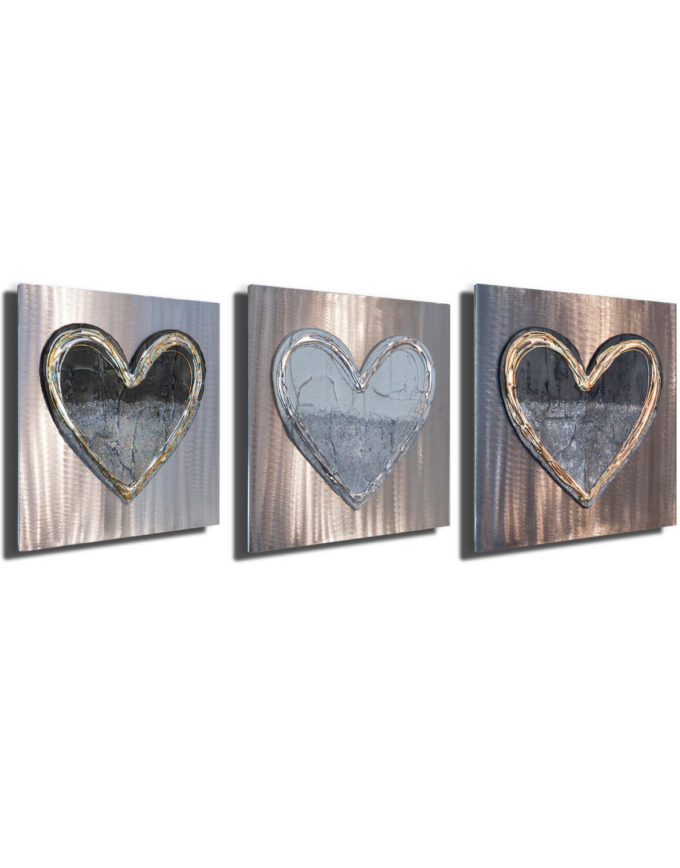 Hearts Set of Three, Copper & Brass Silver Wall Art, Contemporary Art UK