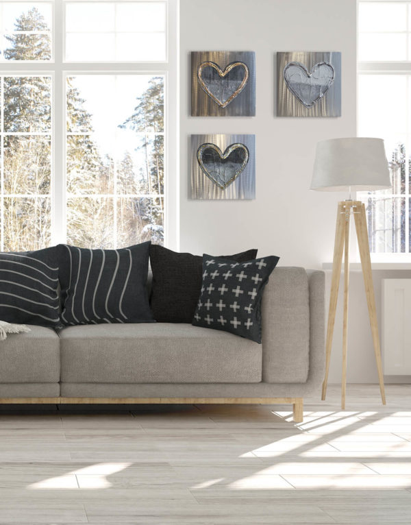 Hearts Set of Three, Copper & Brass Silver Wall Art, Contemporary Art UK