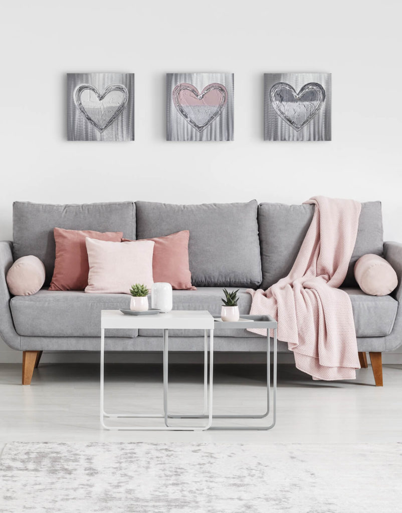 Dusky Pink Love Heart Set Silver Wall Art, Contemporary Art UK