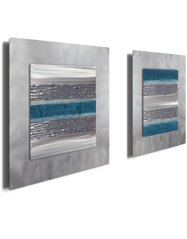Echo Teal and Grey Set Silver Wall Art, Contemporary Art UK