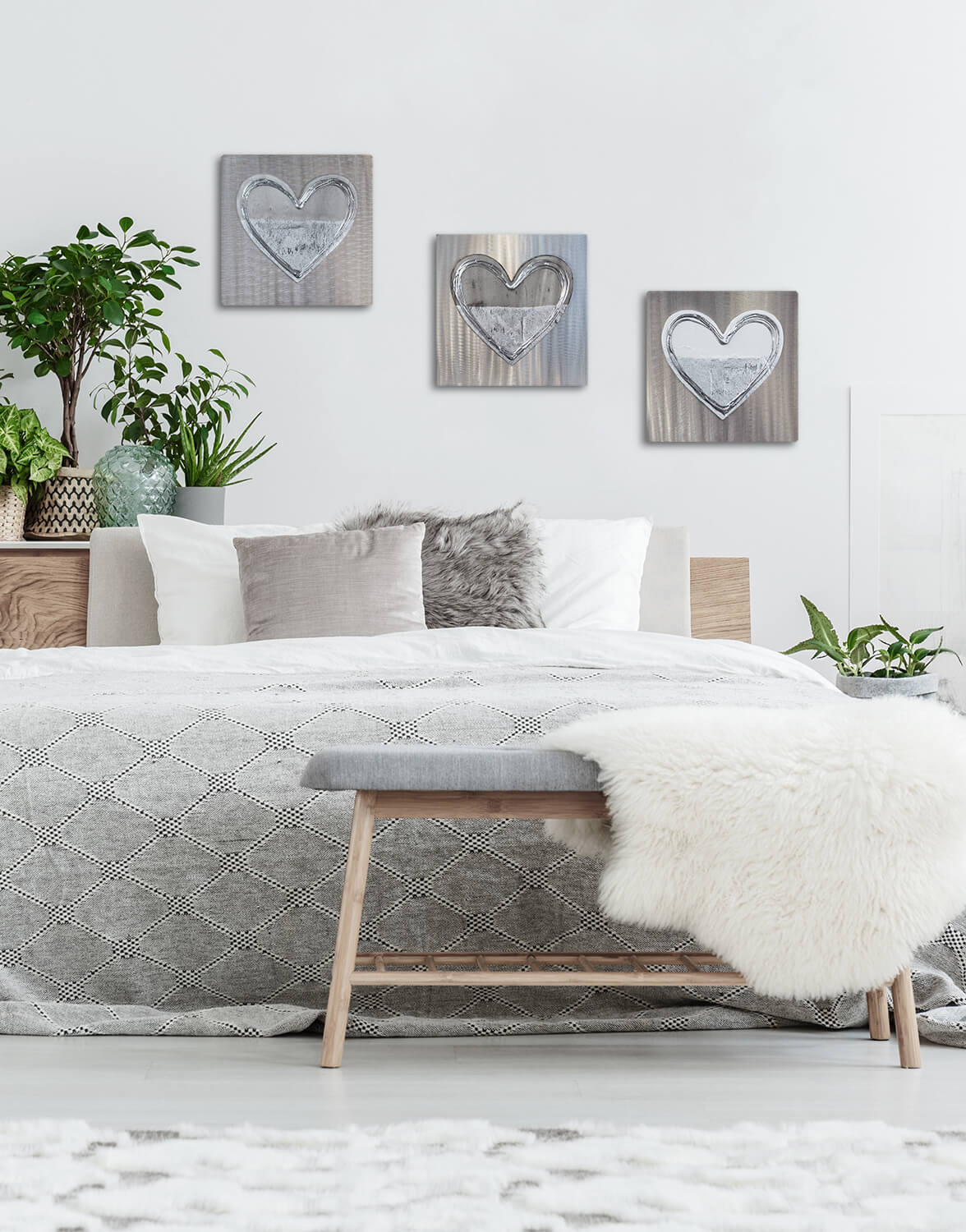 Set Of Three Hearts Shades Of Grey Silver Wall Art Contemporary Art Uk