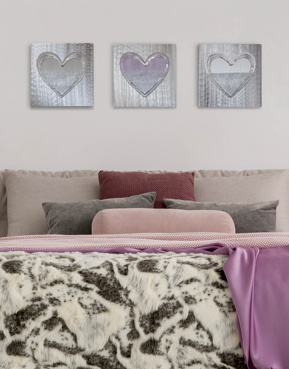 Set of Three Hearts, Lavender Silver Wall Art, Contemporary Art UK