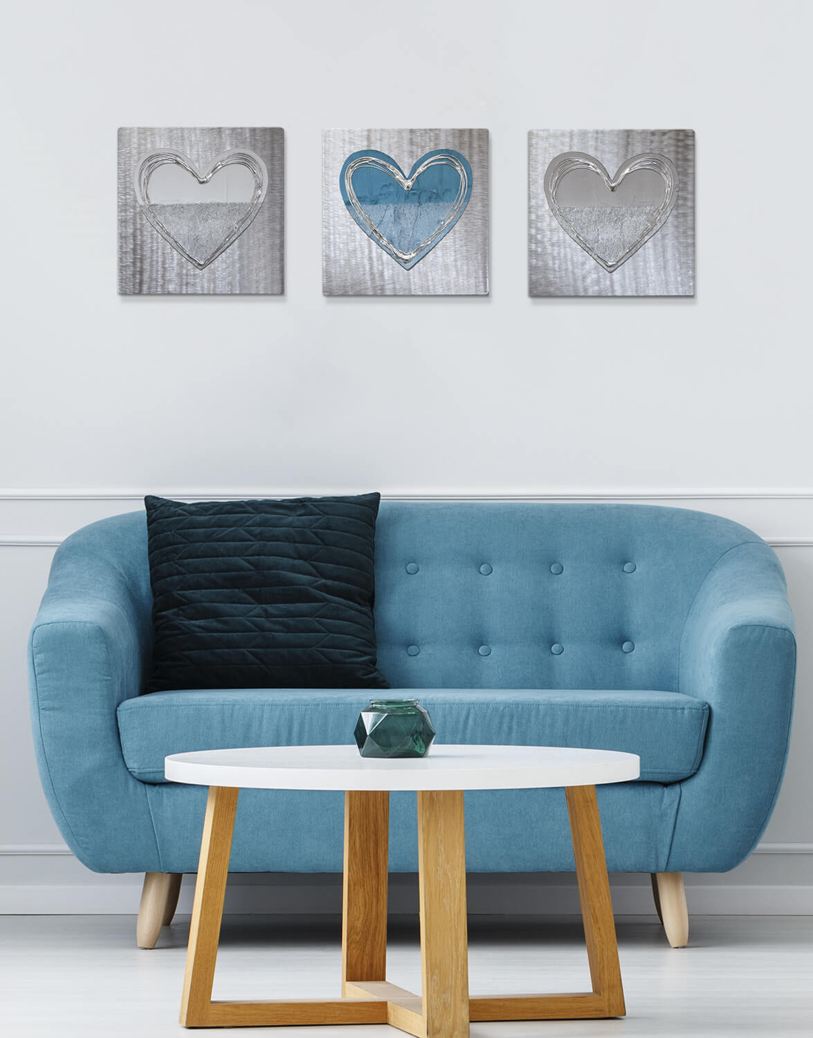 Set of Three Hearts, Teal - Silver Wall Art, Contemporary ...