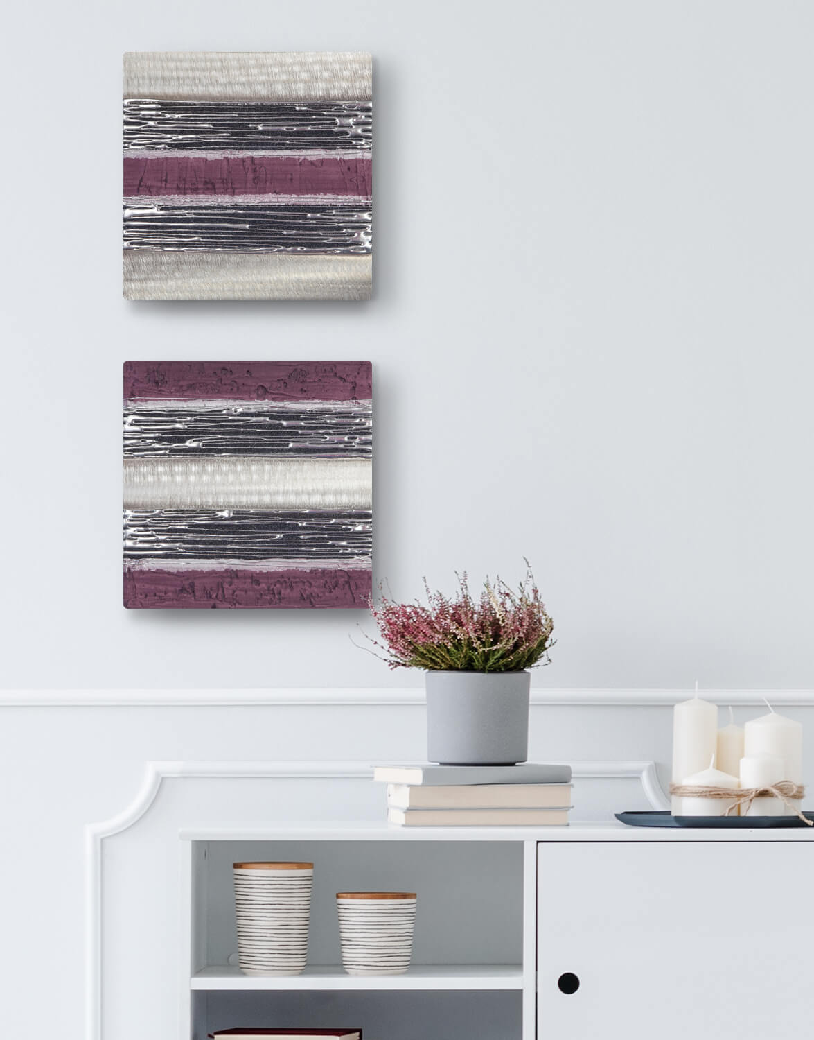 Echo Aubergine Duo Silver Wall Art, Contemporary Art UK