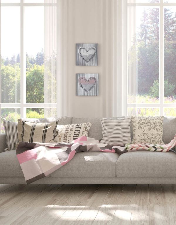 Heart Duo Pink and White Silver Wall Art, Contemporary Art UK