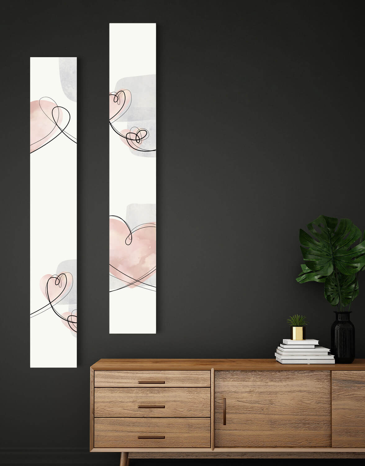 Set of Two TALL Canvases, 'Dusky Blush Love Hearts' Silver Wall Art
