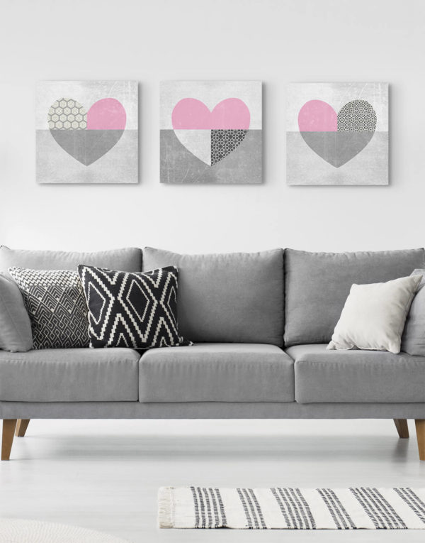 Grey Tone Hearts, Pink Set of 3 Silver Wall Art, Contemporary Art UK