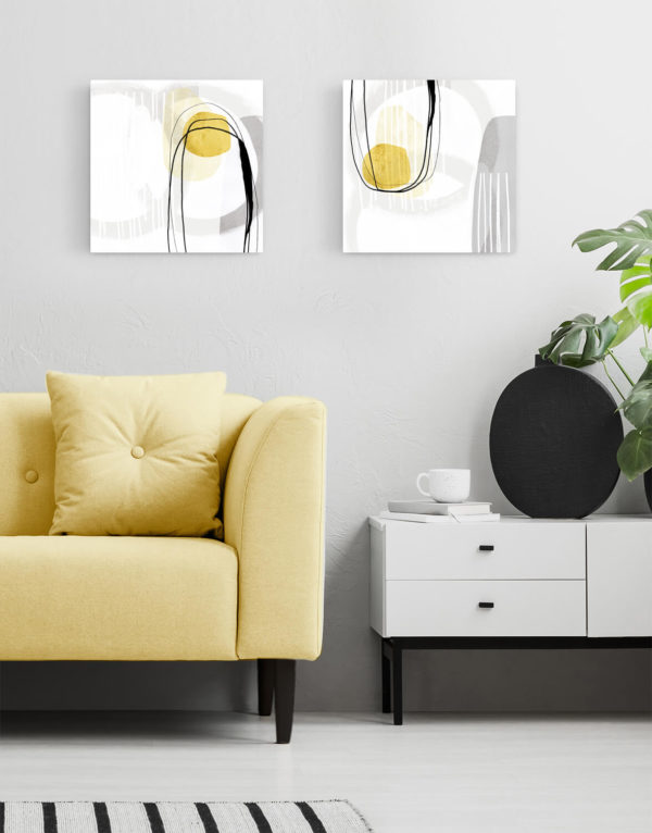 Set of Two Canvases 'Mustard Elements' Silver Wall Art, Contemporary