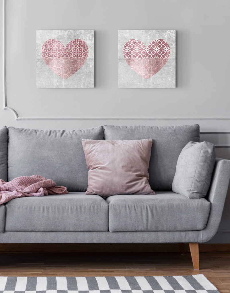 Set of Two Canvases 'Dusky Blush Hearts' Silver Wall Art