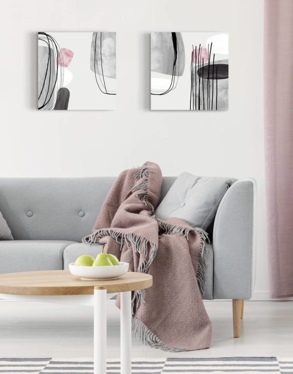 Set of Two Canvases 'Dusky Pink Tumbles' Silver Wall Art