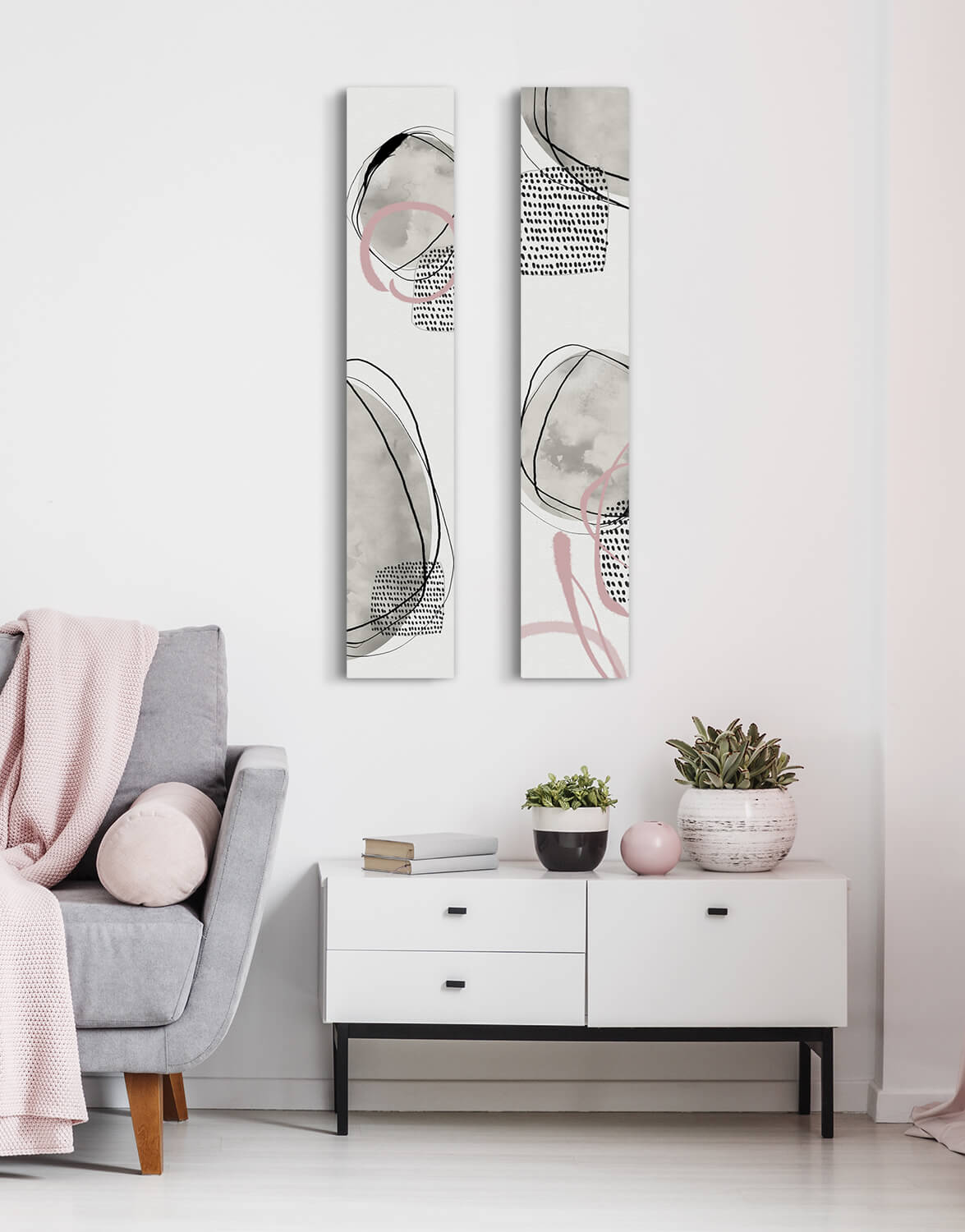 Set of Two Canvases, 'Aquarelle Lines, Blush' Silver Wall Art