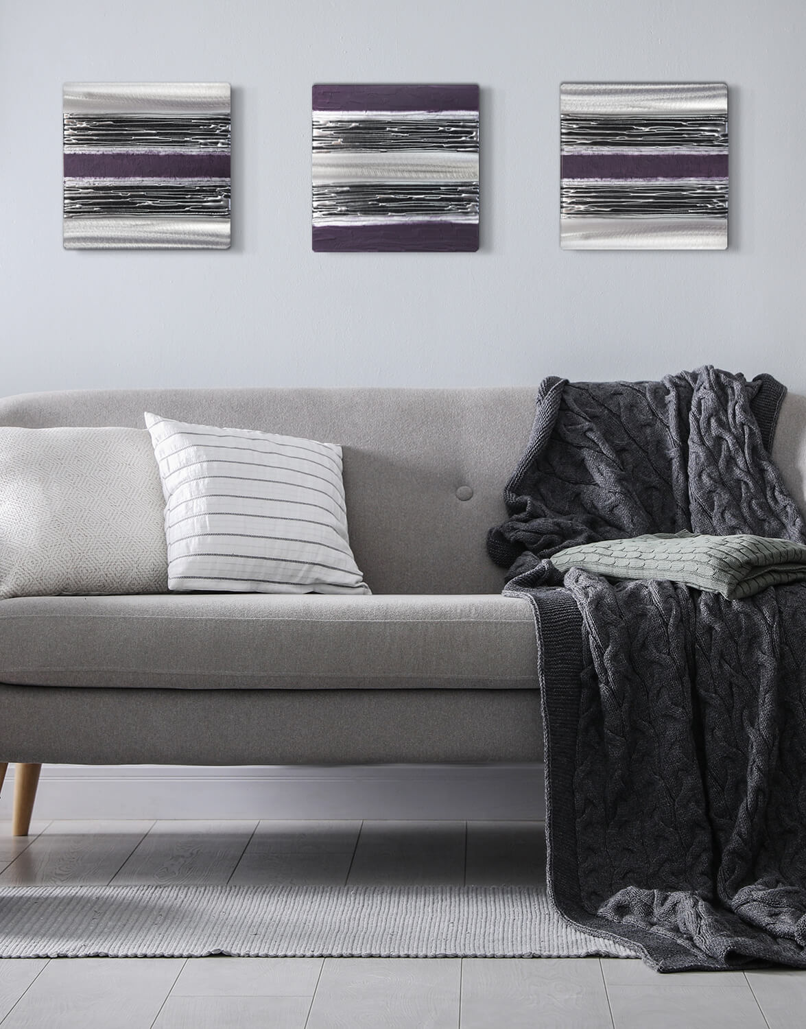 ECHO PURPLE TRIO Silver Wall Art, Contemporary Art UK