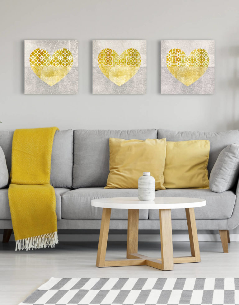 SET OF THREE CANVASES 'OCHRE HEARTS' Silver Wall Art, Contemporary Art UK