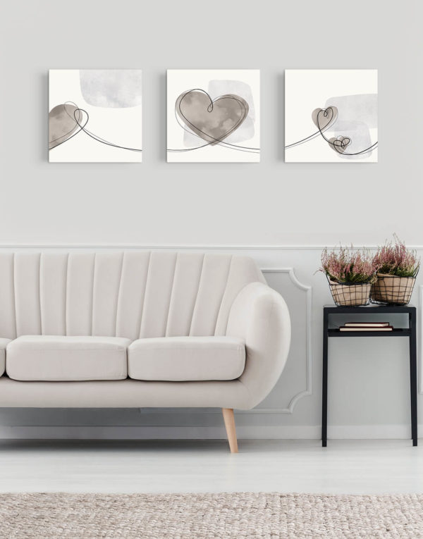 SET OF THREE CANVASES ‘PEBBLE HEART TRIO’ Silver Wall Art