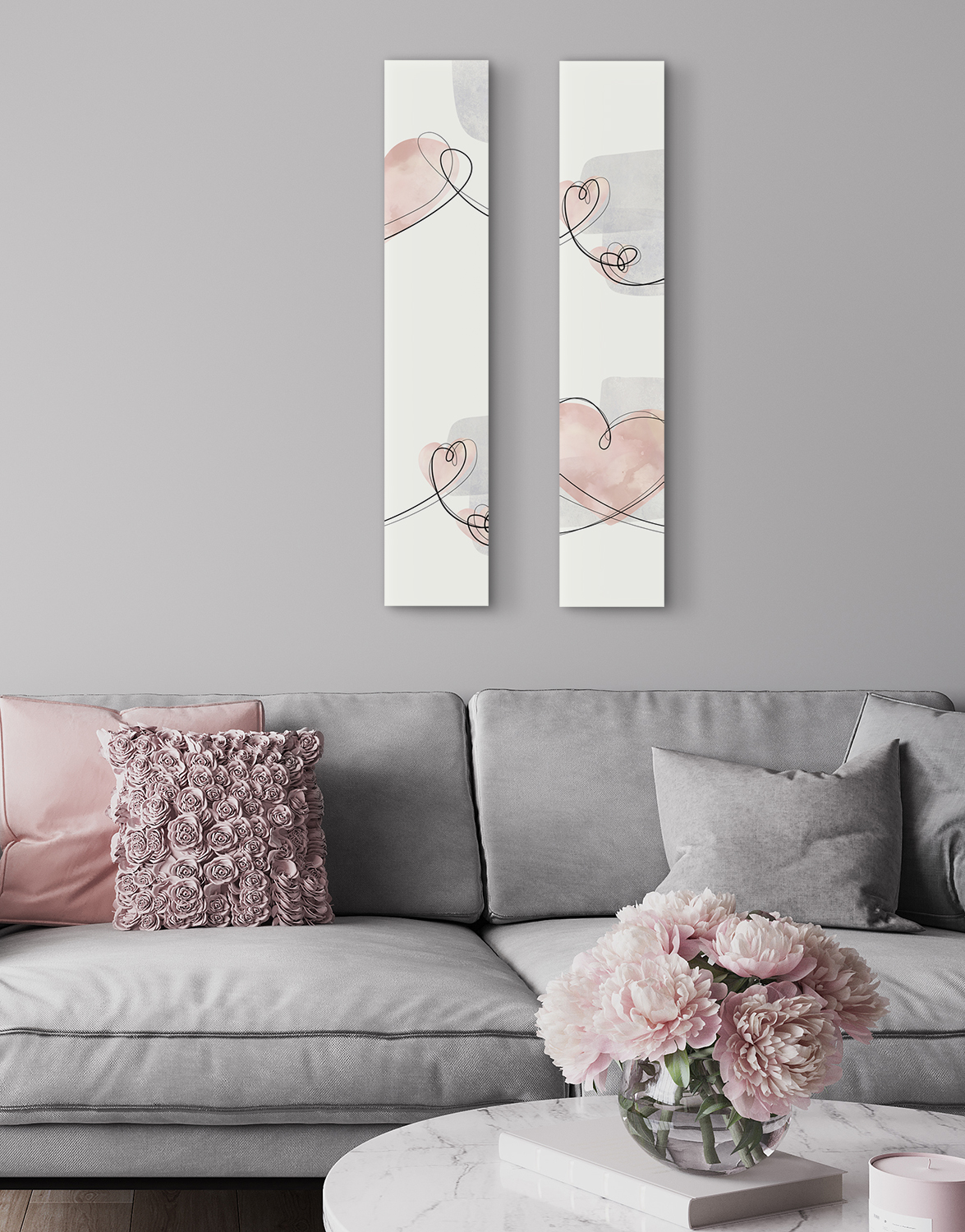 Set of Two TALL Canvases, 'Dusky Blush Love Hearts' Silver Wall Art