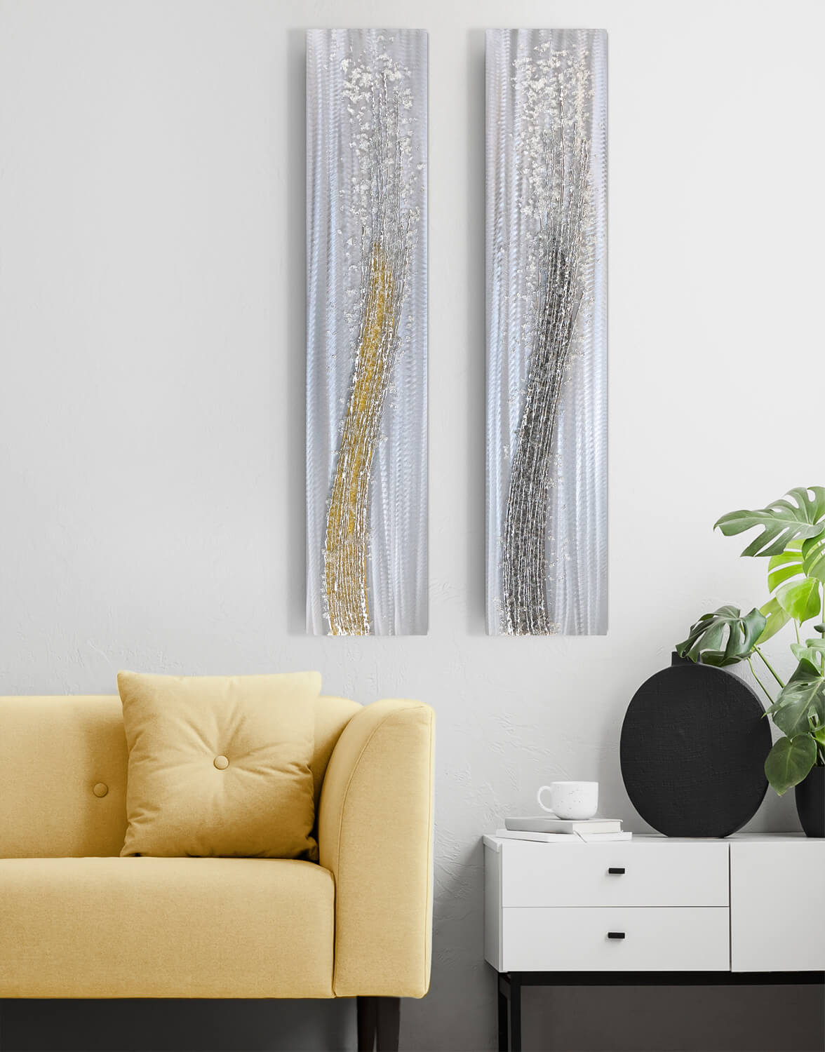 Mustrard Tall Crystal Flow Silver Wall Art, Contemporary Art UK