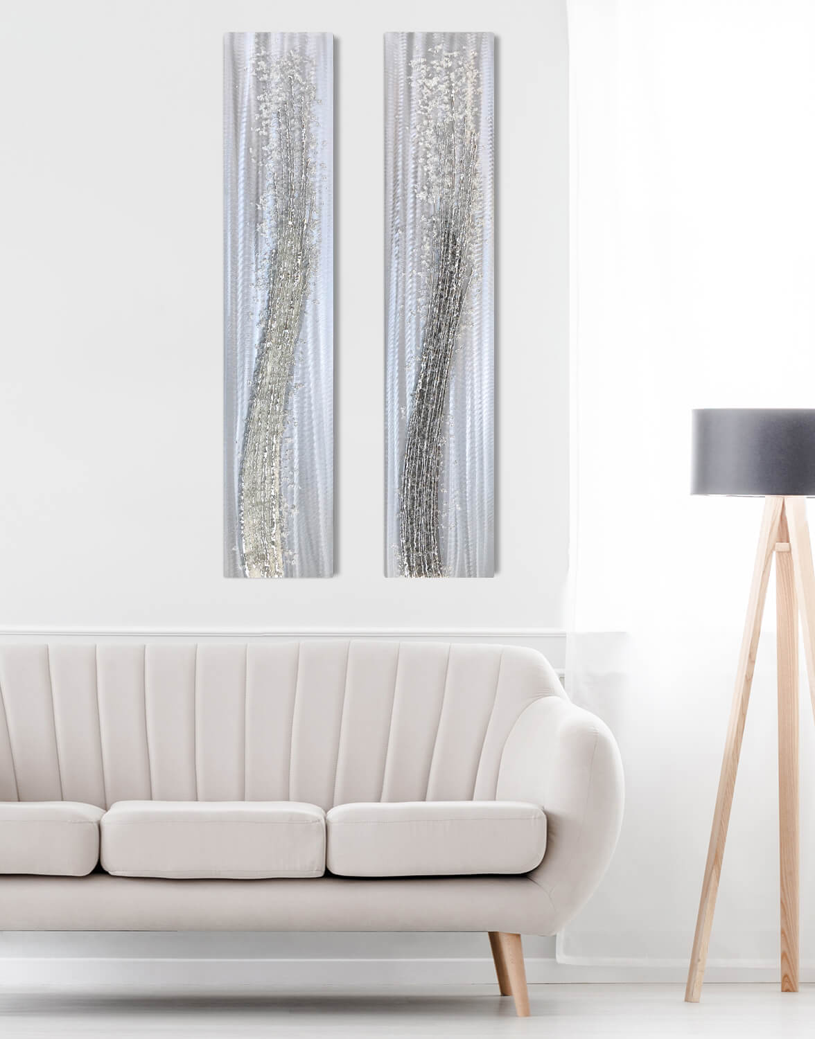 White Tall Crystal Flow Silver Wall Art, Contemporary Art UK