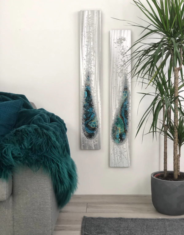 Angel Tears Crystal Glass Set, Teal Silver Wall Art, Contemporary Art UK