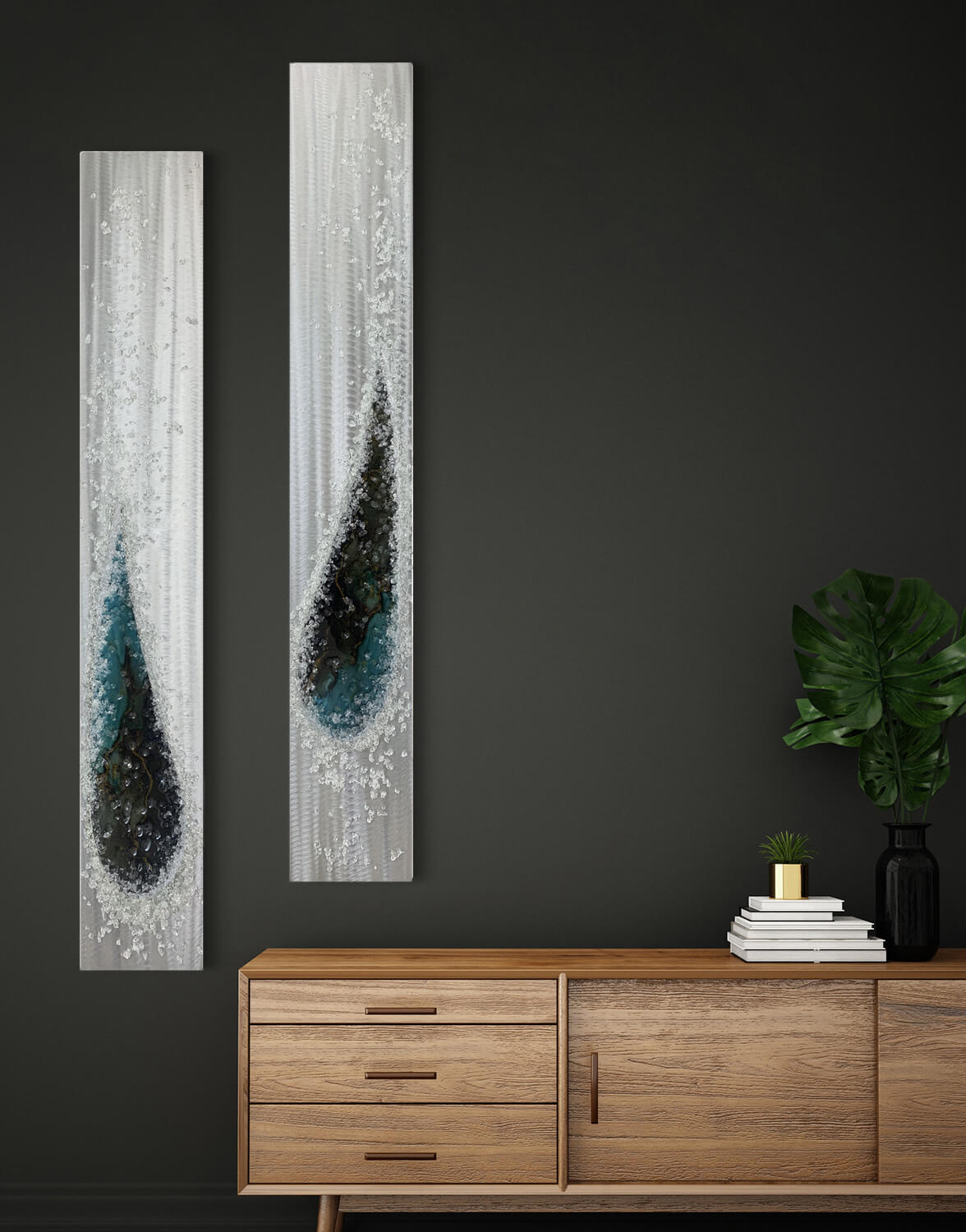 Angel Tears Crystal Glass Set, Black Teal Silver Wall Art