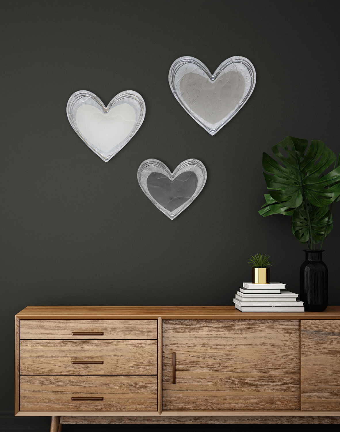 Floating Hearts, Shades of Grey Silver Wall Art, Contemporary Art UK