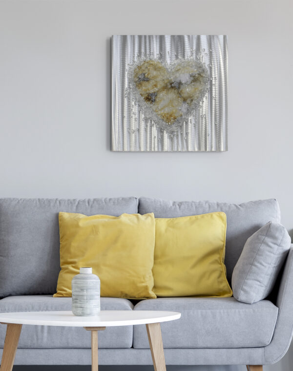 Large 50cm Crystal Love Heart, Yellow Silver Wall Art, Contemporary